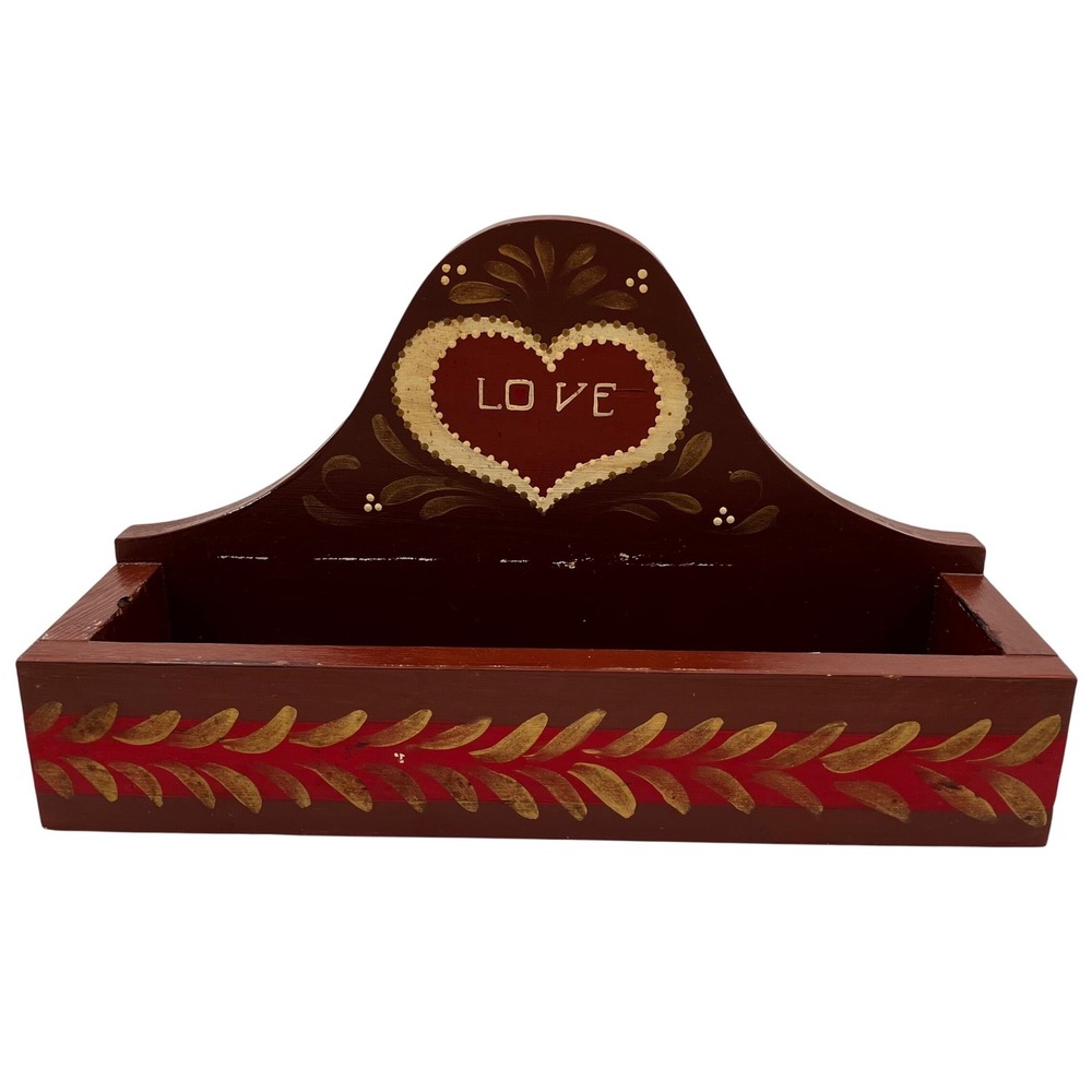 Wall Organizer Folk Art Wood Love Heart Burgundy Red Rustic Box